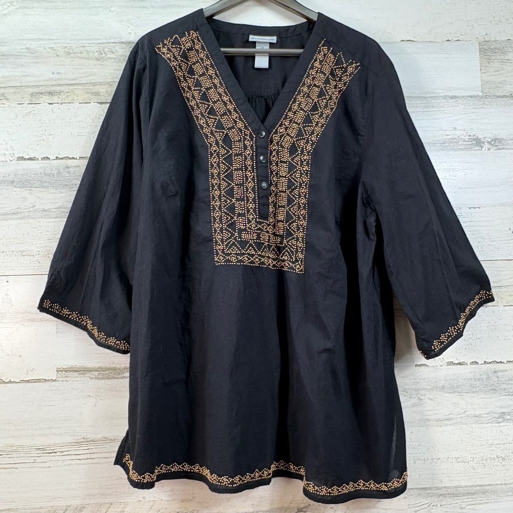 Catherines 0X 14W Black Beaded Cotton Tunic Top 3/4 Sleeve Boho V-Neck Blouse